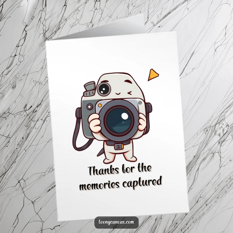 Funny Free Printable Thank You Card: Delighted camera character capturing a bizarre moment, showing gratitude.