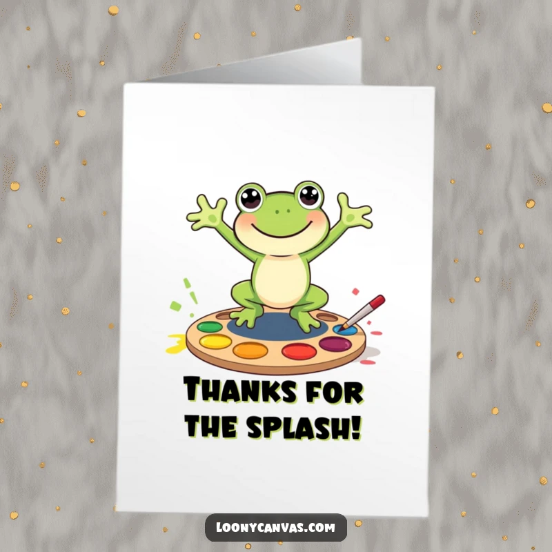 Funny Free Printable Thank You Card: A joyful frog jumps into a paint palette, thanking you with artistic flair.