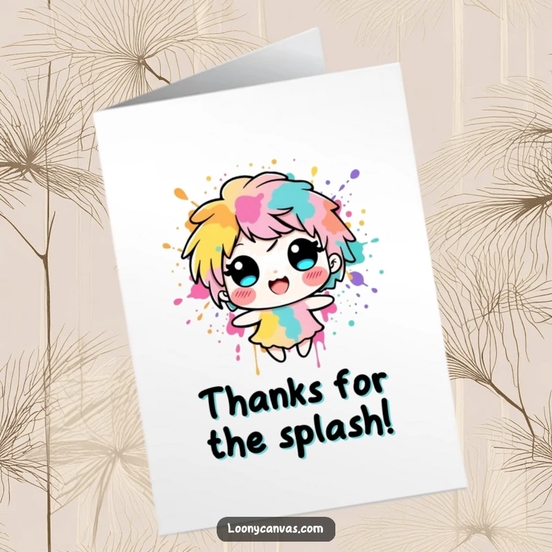 Funny Free Printable Thank You Card: Delighted ink blot character splashing with vibrant colors, expressing thanks vividly.