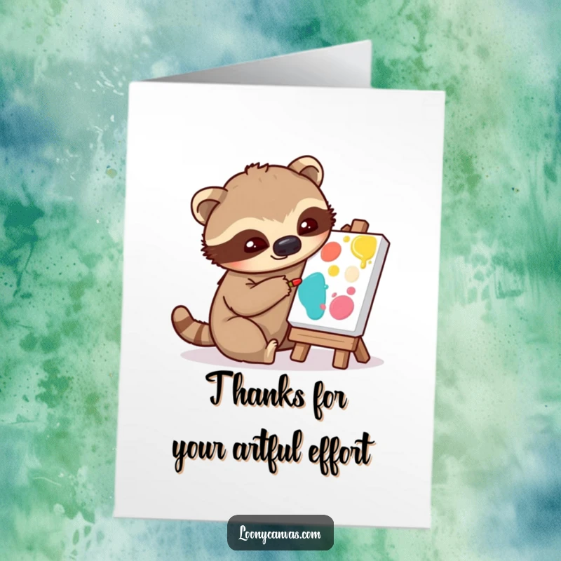 Funny Free Printable Thank You Card: A sloth character meticulously dabs paint on a canvas, expressing thanks.
