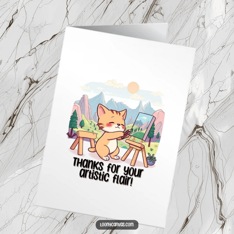 Funny Free Printable Thank You Card: Cat frantically painting a surreal landscape, offering artistic thanks.