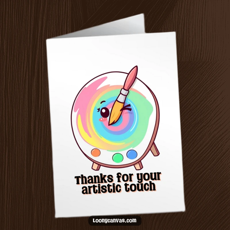 Funny Free Printable Thank You Card: a kawaii winking paintbrush artist painting a colorful swirl, expressing thanks.