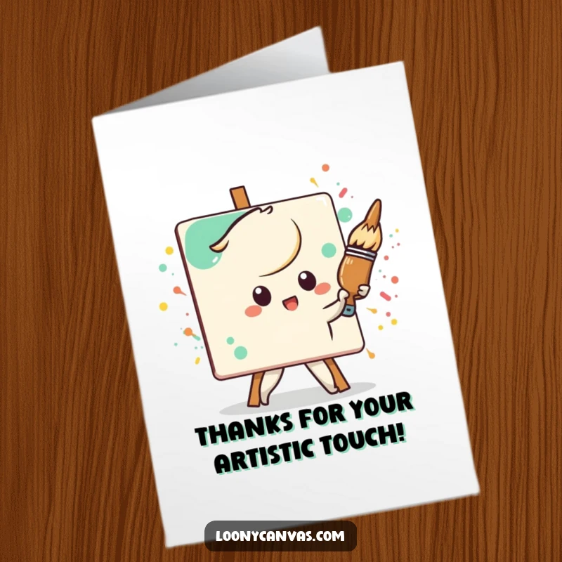 Funny Free Printable Thank You Card: A determined Kawaii paintbrush character aggressively paints a splattered canvas, saying thanks with art.