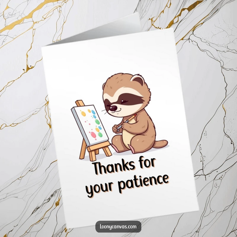 Funny free printable thank you card depicting a sloth slowly painting a tiny masterpiece.