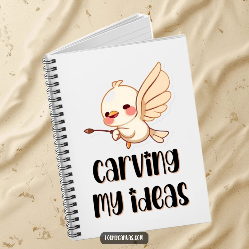 Funny notebook with a flying chisel character carving abstract shapes, designed for capturing ideas with artistic flair and a humorous touch.