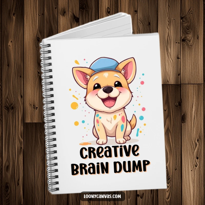 Funny notebook with a happy dog artist wearing a beret, splattering paint, perfect for jotting down creative thoughts.