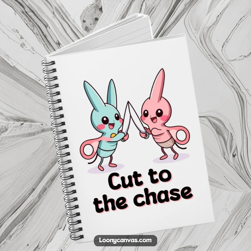 Funny notebook cover featuring two playful scissor characters engaged in a friendly, spirited cutting duel, perfect for planning.