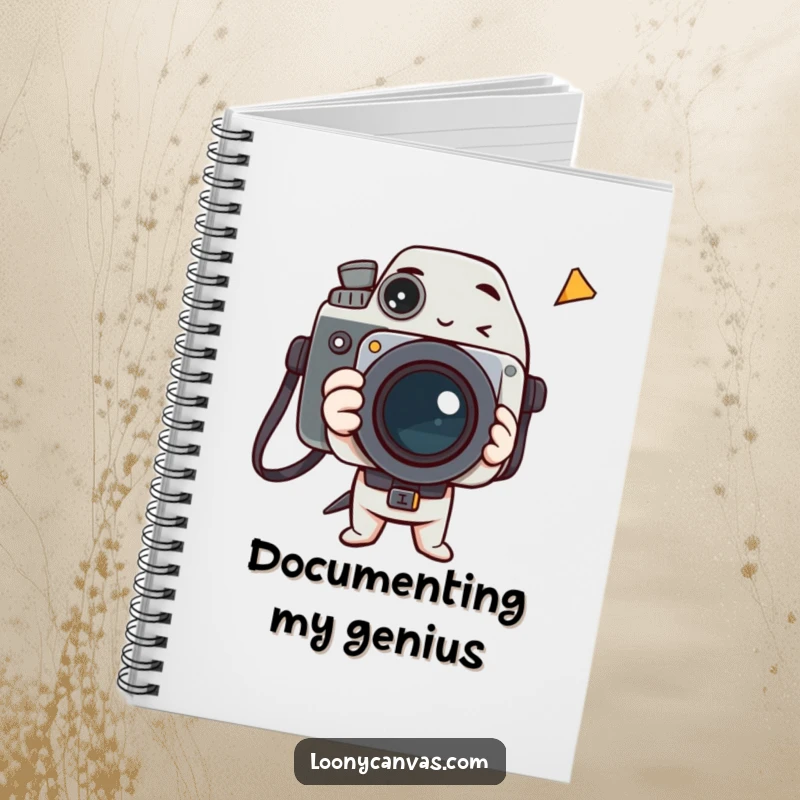 Funny notebook cover with a delighted camera character capturing a funny, bizarre, and fleeting moment.