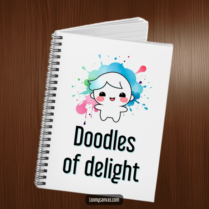 Funny notebook cover with a happy character formed from an ink splatter, a whimsical journal for creative minds and doodlers.