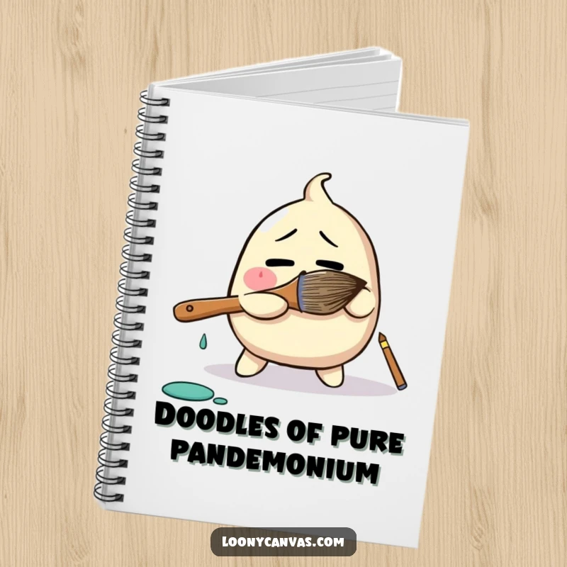 Funny notebook with a bewildered blob character comically wrestling a giant paintbrush, ideal for doodling, sketching, and artistic musings.