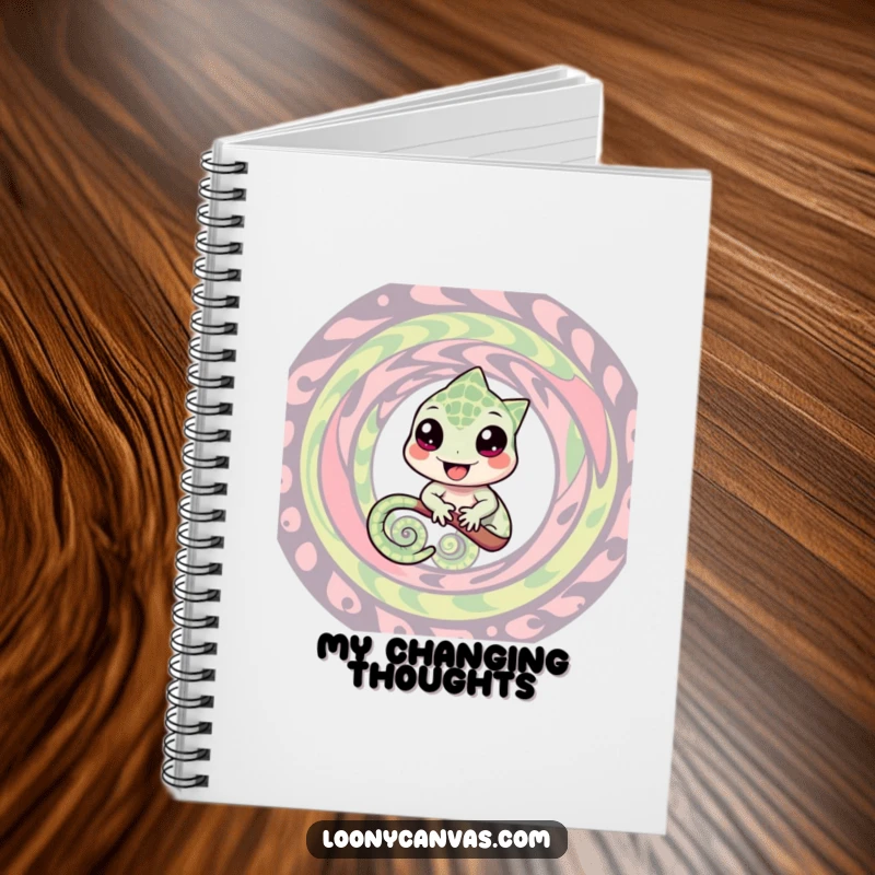Funny notebook with a cheerful chameleon character blending into a swirling pattern, designed for jotting down ideas with adaptable, humorous flair.