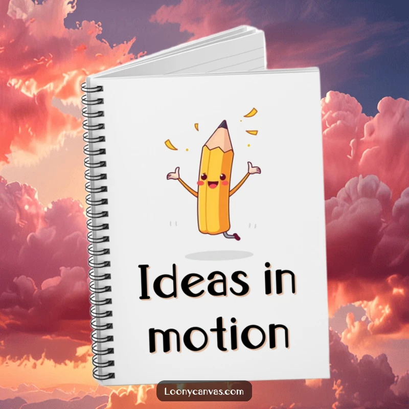 Funny notebook with a cheerful dancing pencil and flying shavings, perfect for recording creative ideas humorously.