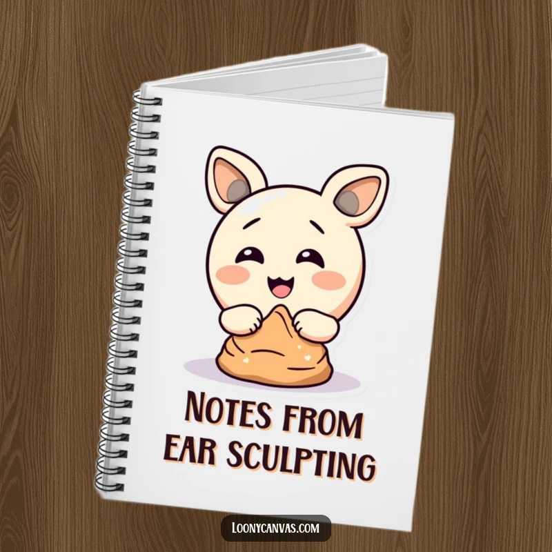 Funny notebook cover showing a delighted circle character comically sculpting clay with its ears, inspiring creative writing.