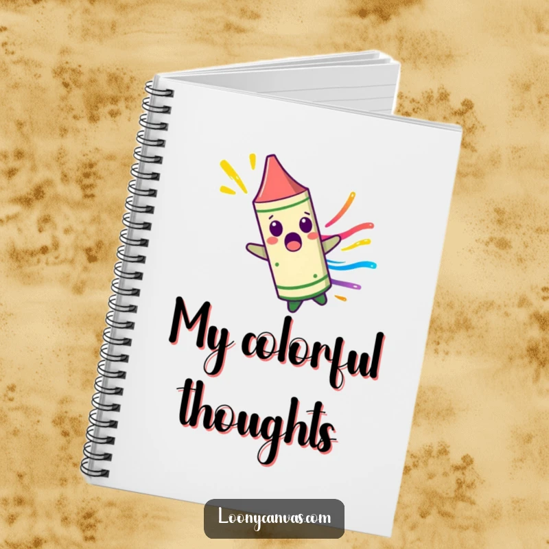Funny surprised crayon character spinning uncontrollably, leaving a colorful streak on a notebook cover, encouraging vibrant and creative note-taking.
