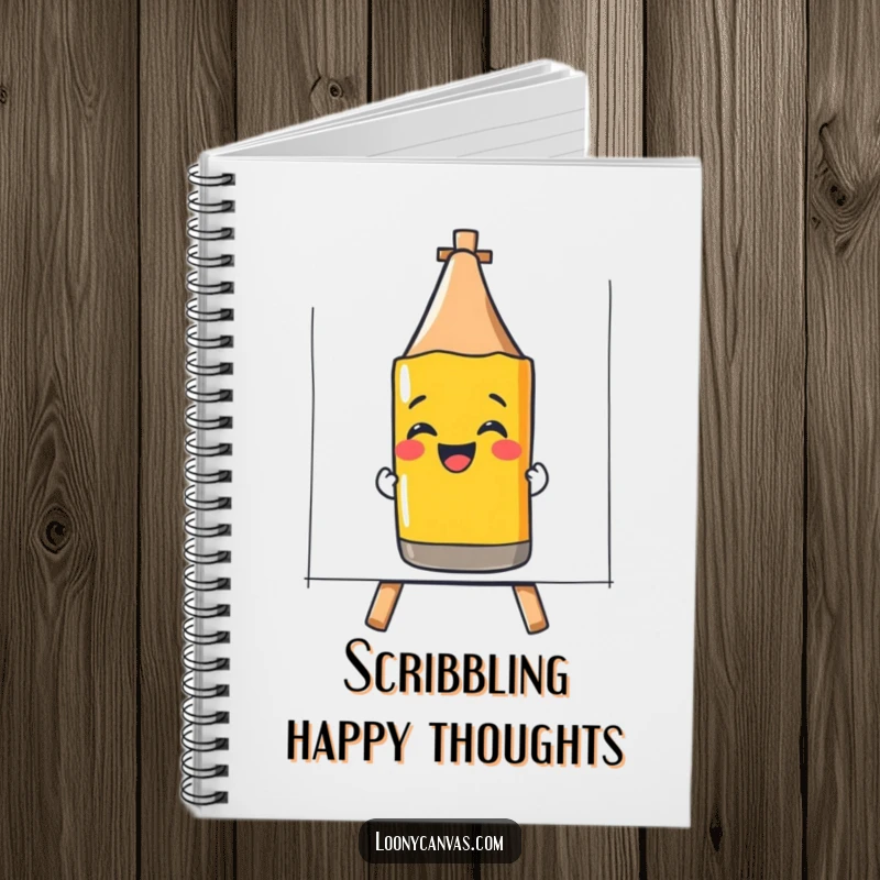 Funny notebook with a giggling crayon drawing a smiley face, perfect for recording happy ideas humorously.
