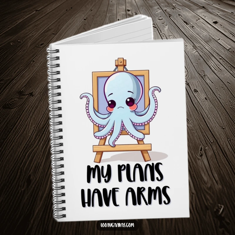 Funny goofy octopus character trying to hang a painting with all arms on a notebook cover, for planners.