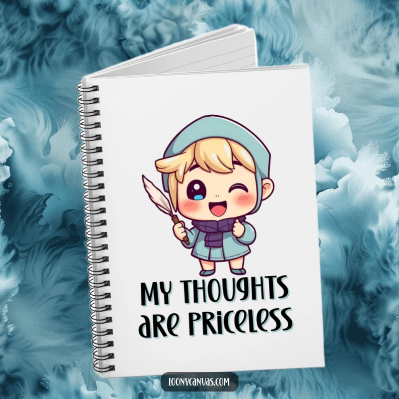 Funny notebook with a cheerful character enthusiastically writing with a quill, perfect for capturing creative thoughts.