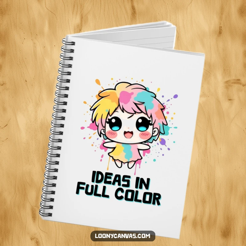 Funny delighted ink blot character splashing with vibrant colors on a notebook cover, inspiring creative note-taking.
