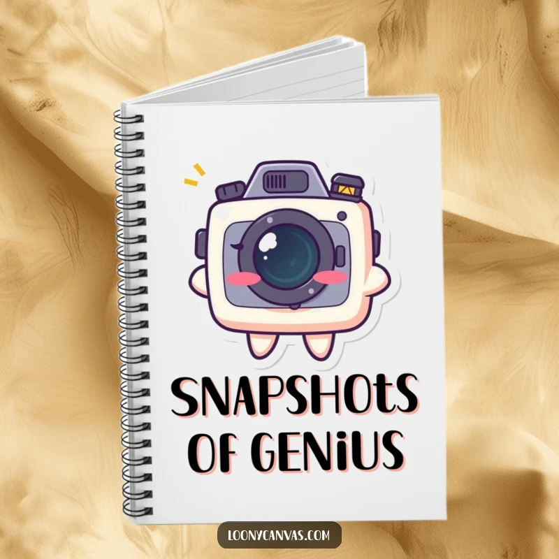 Funny kawaii camera character flashing a mischievous grin on the cover of a lined notebook, ready for capturing ideas.