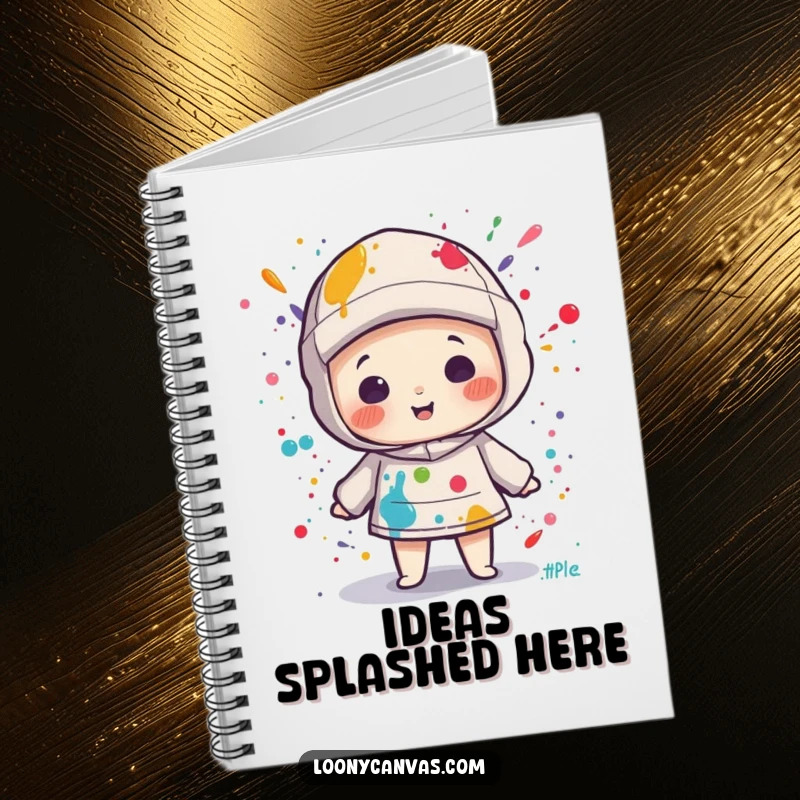 Funny kawaii canvas character splattered with paint on the cover of a lined notebook, ready for artistic expression.