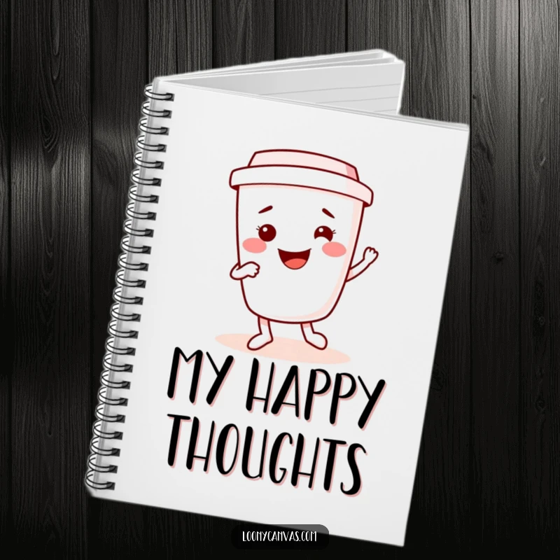 Funny kawaii coffee cup character dancing a jig, great for writing notes and daily plans. A functional and funny notebook.