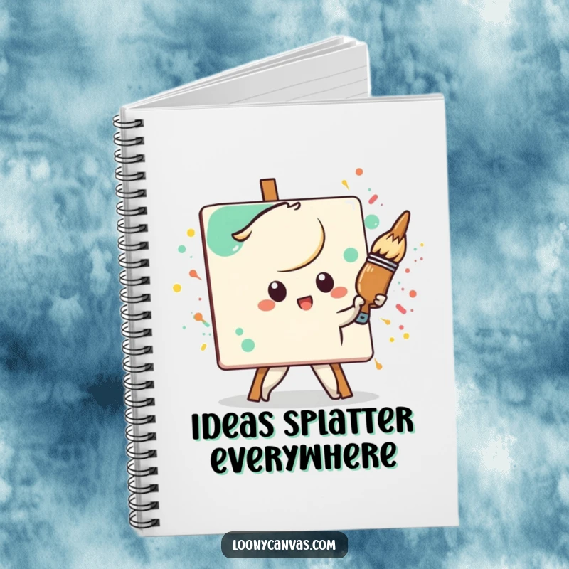 Funny Kawaii paintbrush character, determinedly painting a splattered canvas, a humorous notebook for jotting down ideas.