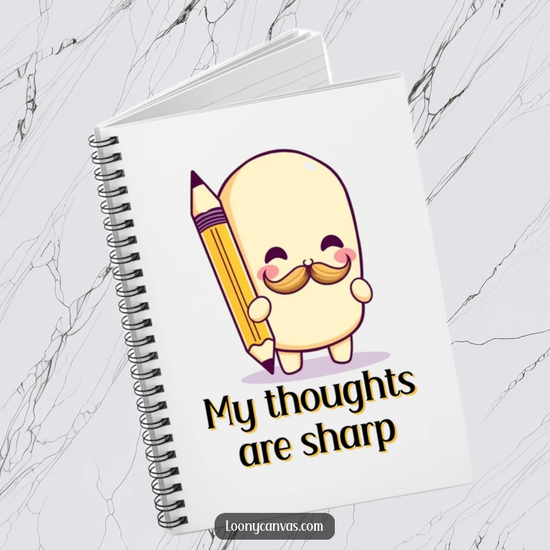 Funny kawaii pencil character drawing a tiny mustache on the cover of a lined notebook, ready for creative expression.