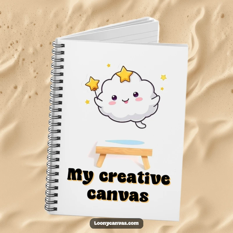 Funny kawaii starry cloud character leaping over a miniature canvas, perfect for jotting down artistic ideas. A functional and funny notebook.