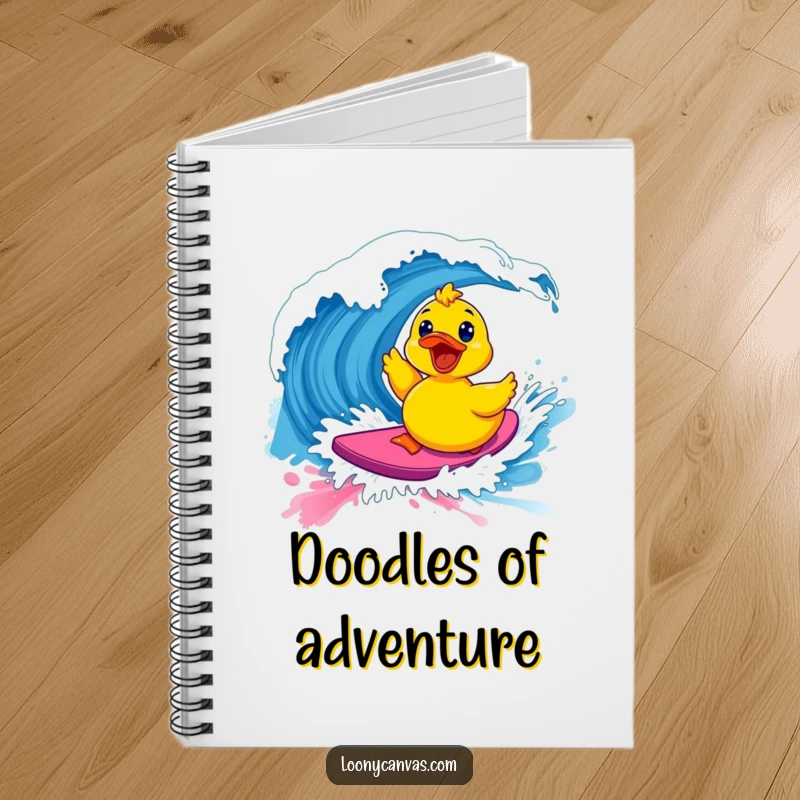 Funny kawaii excited rubber ducky surfing a vibrant paint wave on a notebook cover, ideal for journaling and art ideas.
