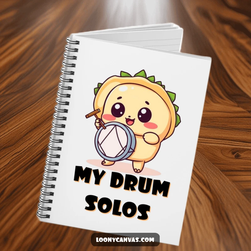Funny kawaii taco character notebook, a wide-eyed taco playing a tiny drum with gusto, ideal for jotting down ideas.