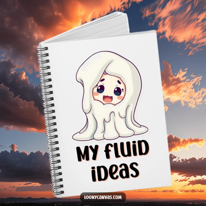 Funny melting art notebook, a surprised character observes a melting sculpture. Ideal for notes and sketches.