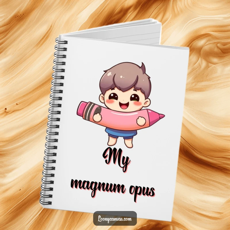 Funny oversized crayon notebook, a happy character holding a comically large crayon. Ideal for notes and sketches.