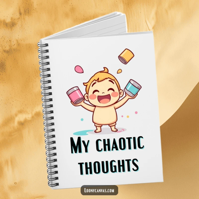 Funny paint juggling notebook, a jolly character juggling paint cans. Ideal for notes and creative ideas.