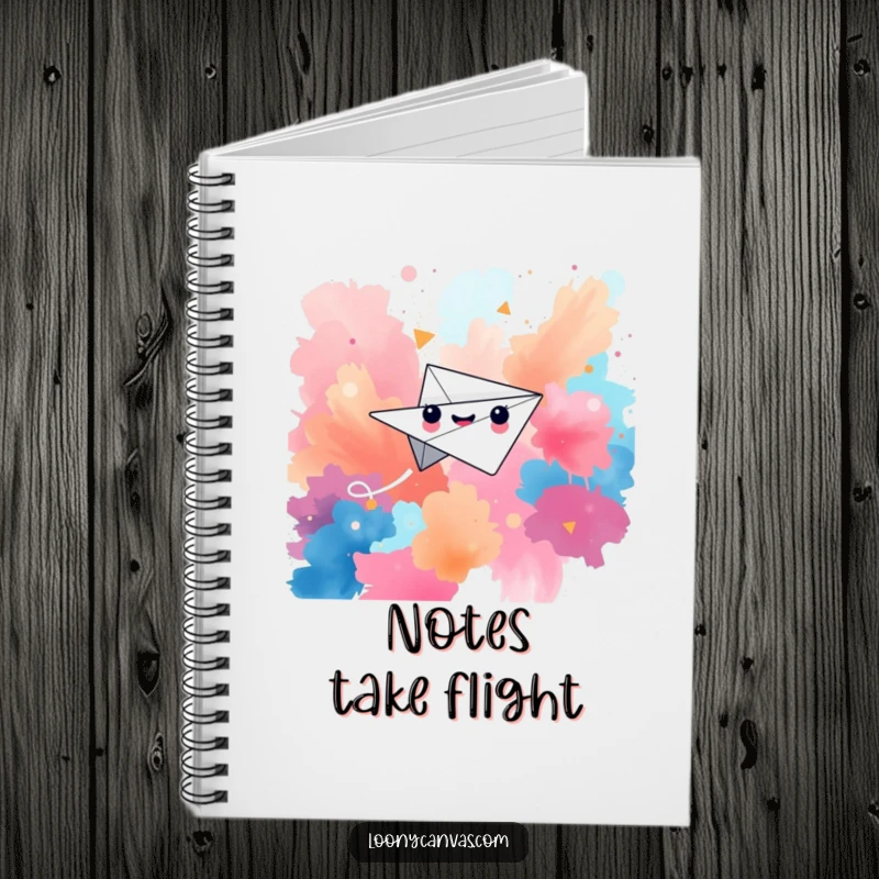 Funny notebook cover featuring a happy paper airplane character soaring through a vibrant, abstract background, perfect for journaling.