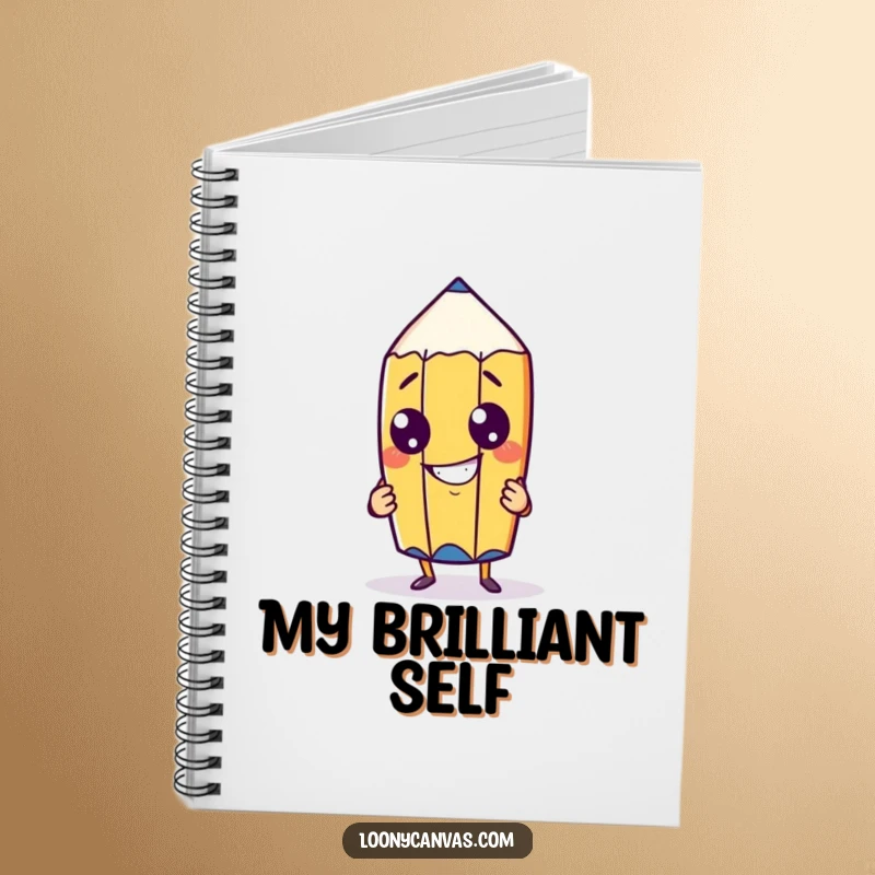 Funny cheeky pencil character with a goofy grin on a notebook cover, encouraging creative sketching and artistic note-taking.