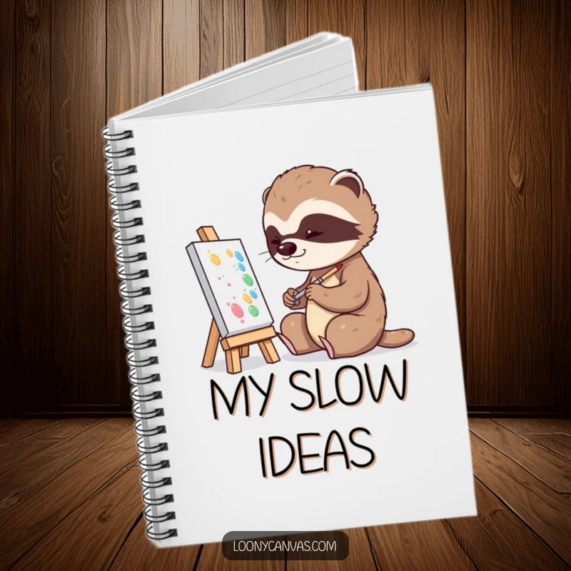 Funny playful sloth character slowly dabbing paint onto a tiny canvas on a notebook cover, for artists.