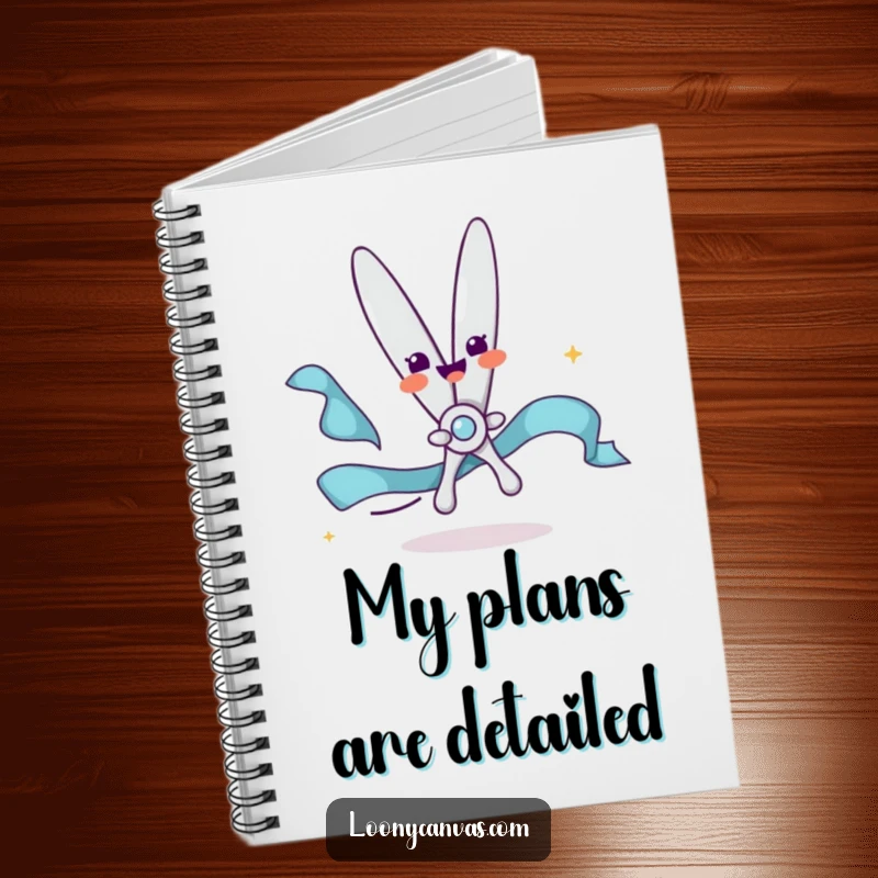 Funny notebook with a delighted scissors character happily snipping a flowing ribbon, inspiring creativity and organized thoughts.