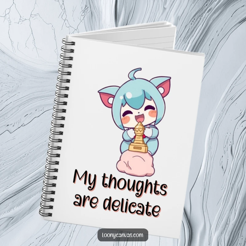 Funny notebook cover illustration of a delighted character concentrating on balancing a miniature sculpture, inspiring creativity.