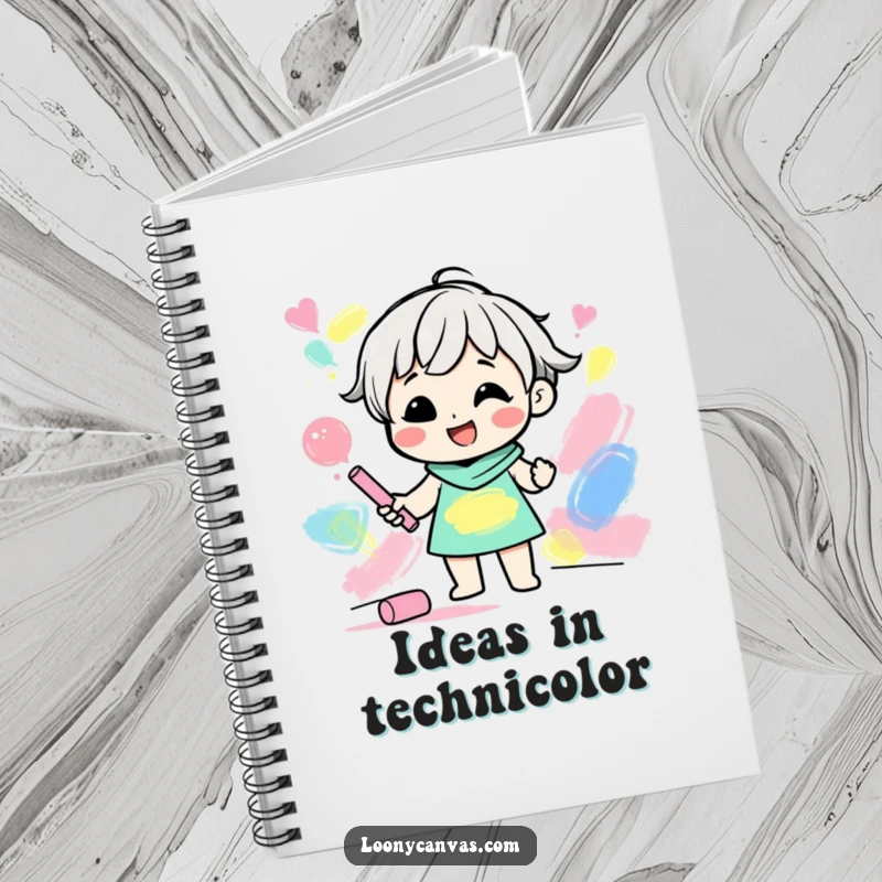 Funny notebook with a gleeful character creating abstract shapes with colored chalk, perfect for artistic ideas.