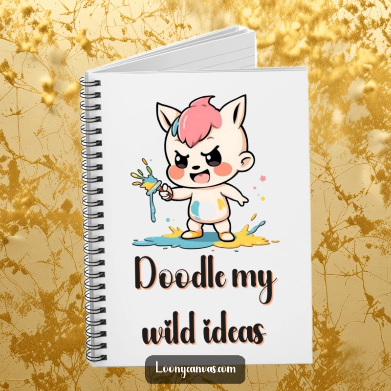 Funny notebook cover art of a mischievous character enthusiastically splattering paint, inspiring creativity and colorful ideas.