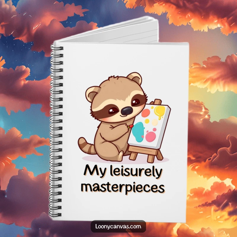 Funny notebook cover with a playful sloth character slowly painting on a tiny canvas, a useful and humorous item.