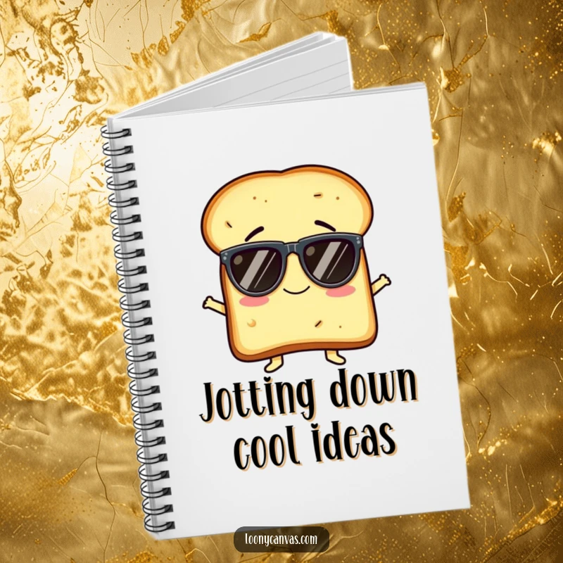 Funny notebook with a giggling slice of toast character amusingly wearing oversized sunglasses, ready to capture brilliant ideas.
