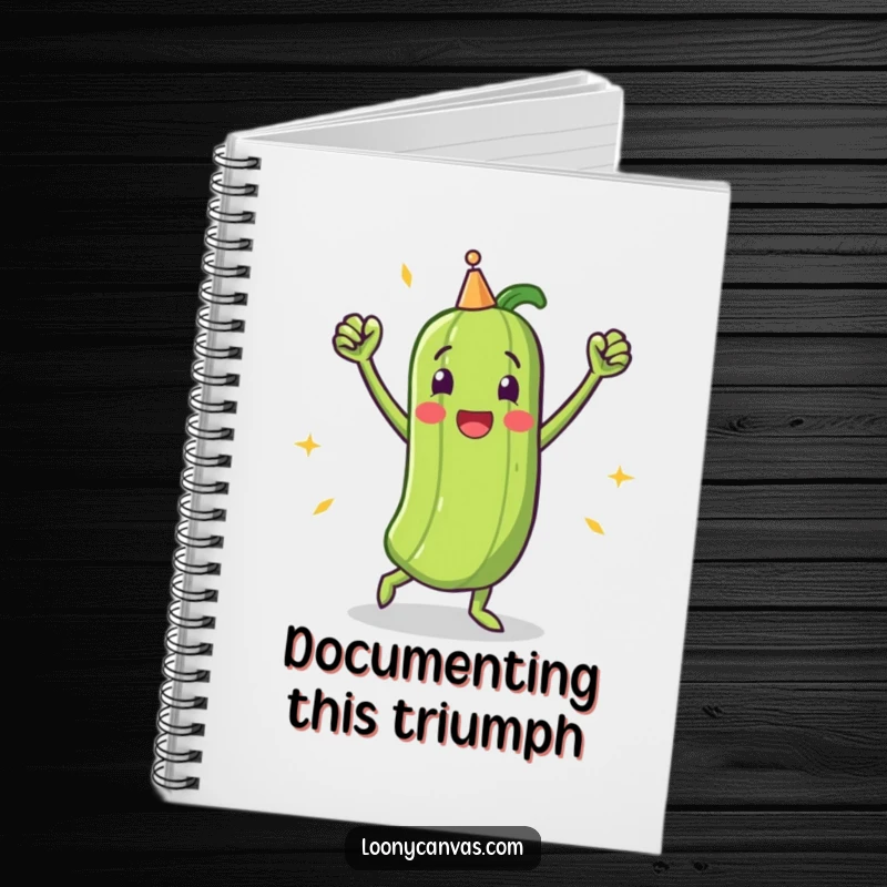 Funny notebook with a triumphant pickle character doing a victory dance, ready to capture successful ideas.