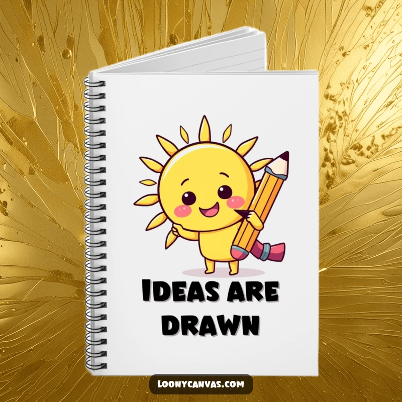 Funny kawaii cheerful pencil sketching a smiling sun on a notebook cover, ideal for journaling and artistic ideas.