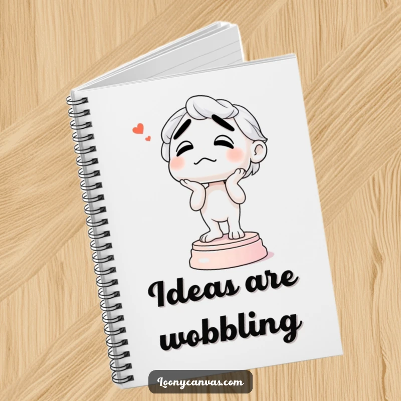 Funny notebook cover with a confused sculpture wobbling on its base, a whimsical journal for artistic minds and contemplative thinkers.