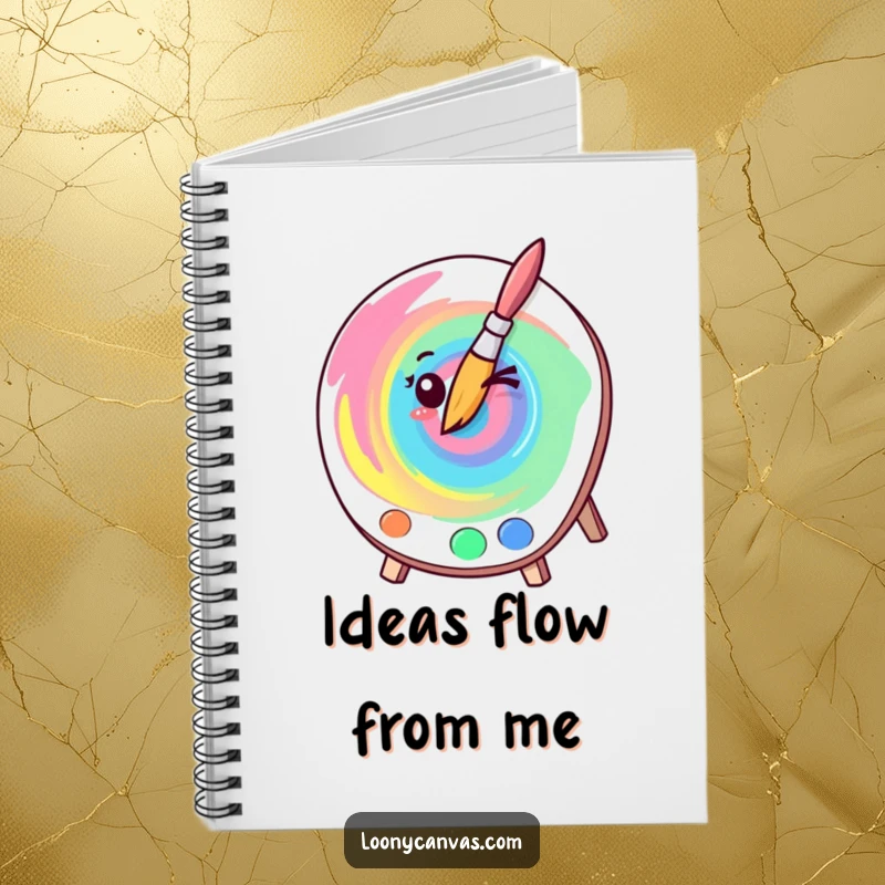 Funny kawaii winking paintbrush creating a colorful swirl on a notebook cover, ideal for journaling and artistic ideas.