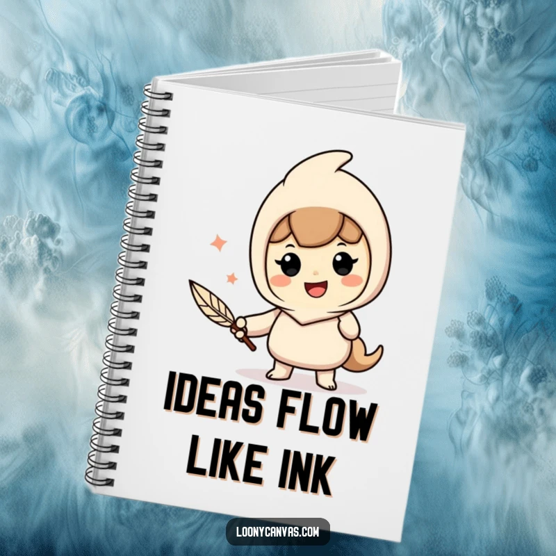 Funny notebook cover with a cheerful character enthusiastically writing with a quill pen, encouraging creative writing.