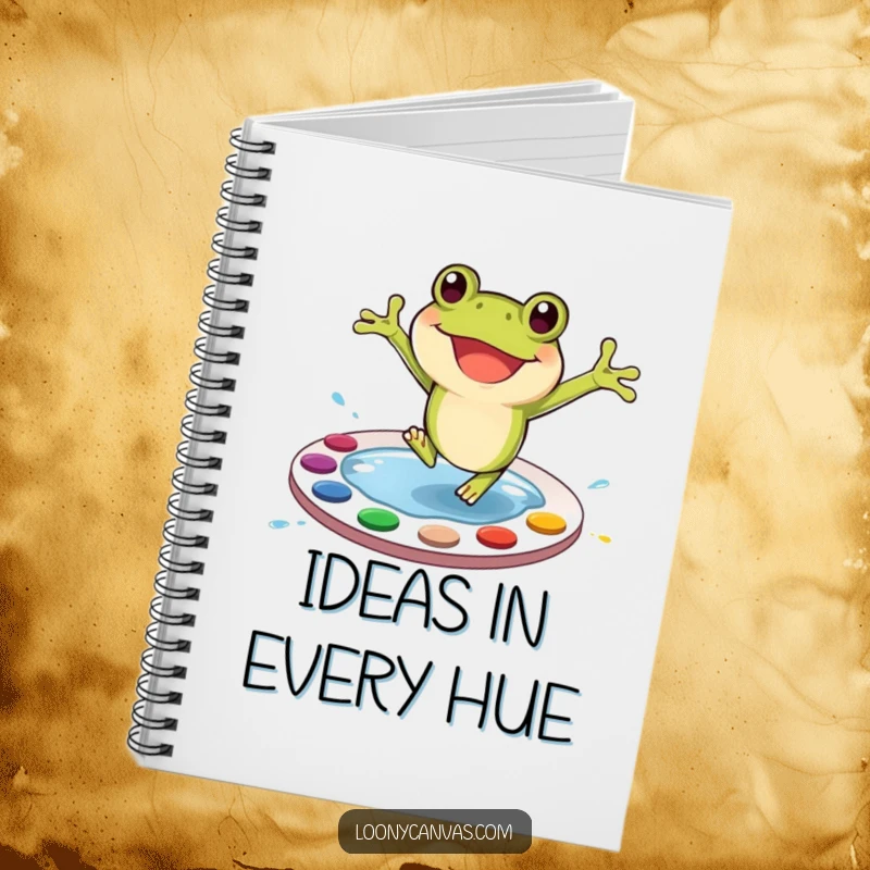 Funny Frog Notebook: A cheerful frog character joyfully jumping into a vibrant paint palette, inspiring creativity.