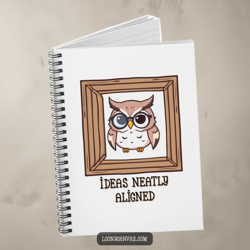 Funny notebook with a determined owl wearing a monocle, inspecting a crooked frame, perfect for detailed note-taking.