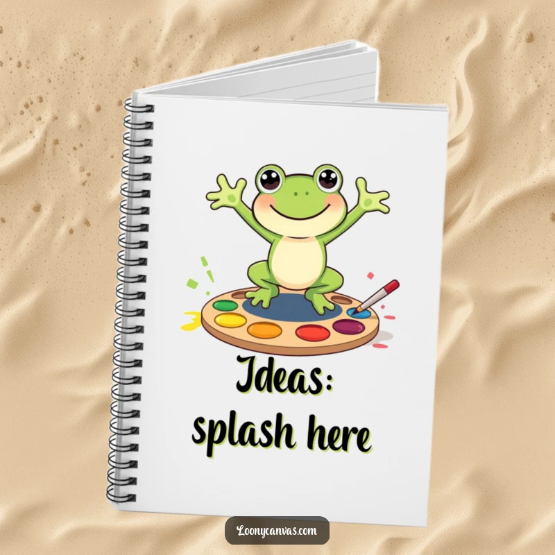 Funny joyful frog character jumping into a paint palette, this notebook is a funny gift for capturing ideas.